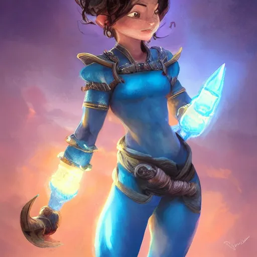 Image similar to beautiful muscular charming female gnome mechanic, fantasy magic bright blue lightning gauntlet arms, short black pixie undercut hair, standing on ship deck, naval background, intricate, fantasy magic, highly detailed, full body portrait, wide angle, digital painting, artstation, smooth, sharp focus, great composition, illustration, art by Greg Rutkowski, trending on artstation