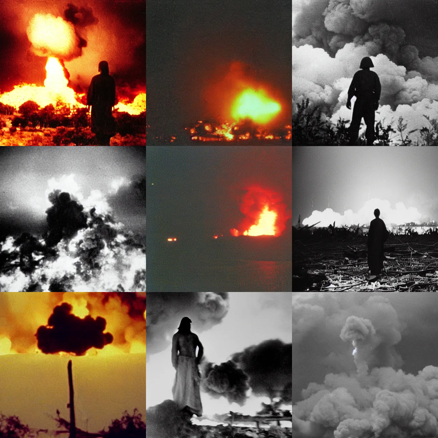 Prompt: grainy photograph of jesus above a napalm explosion in the vietnam war, shot onfilm, sharp focus, film grain, moody, cinematic