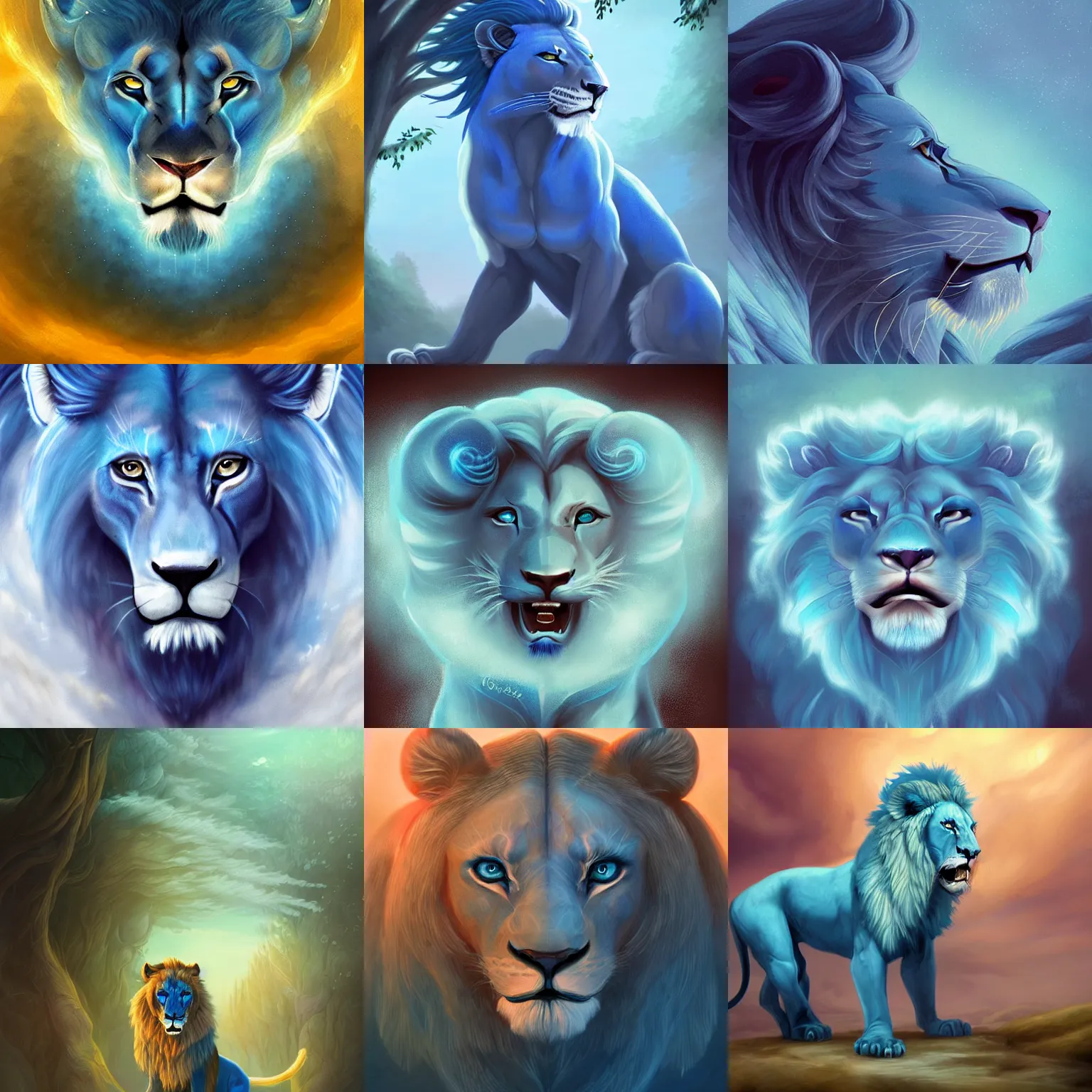 Prompt: roaring blue lion. majestic, graceful, mighty. mystical ambience. soft lighting. highly detailed matte painting by lois van baarle.