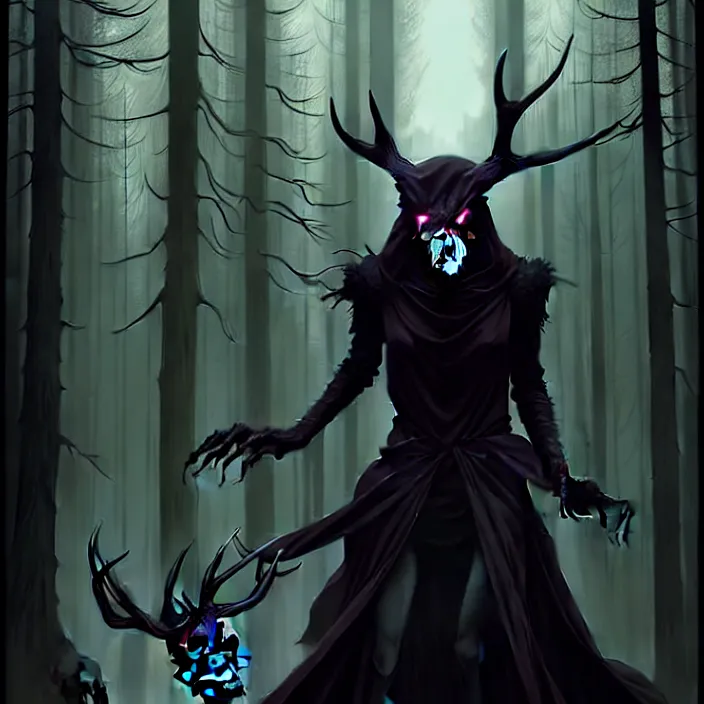 Prompt: style artgerm, joshua middleton, steve niles, gerald brom, scary wendigo with antlers and skull face mixed with werewolf, beautiful witch wearing a black dress on the right side, in the forest, detailed, dark and foggy, cinematic lighting