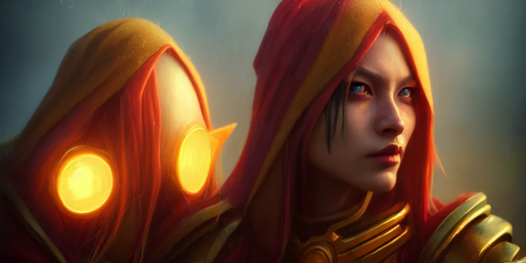 Image similar to ( ( ( ( ( hyperrealist distant portrait of sylvanas windrunner on a golden planet where it rains colors. ) ) ) ) ) by bayard wu, fantasy, photorealistic, octane render, unreal engine, dynamic lighting, trending on artstation, poster, volumetric lighting, very detailed faces, 4 k, award winning