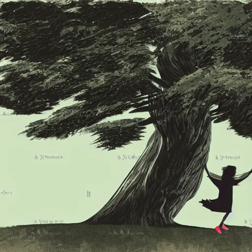 Image similar to minimal illustration of a girl dancing near an old strong tall green persian cypress tree in wind