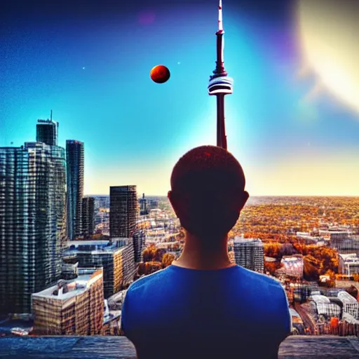 Prompt: Toronto tourist guide with planet mars as a head, dramatic cinematic lighting, Toronto landmarks background