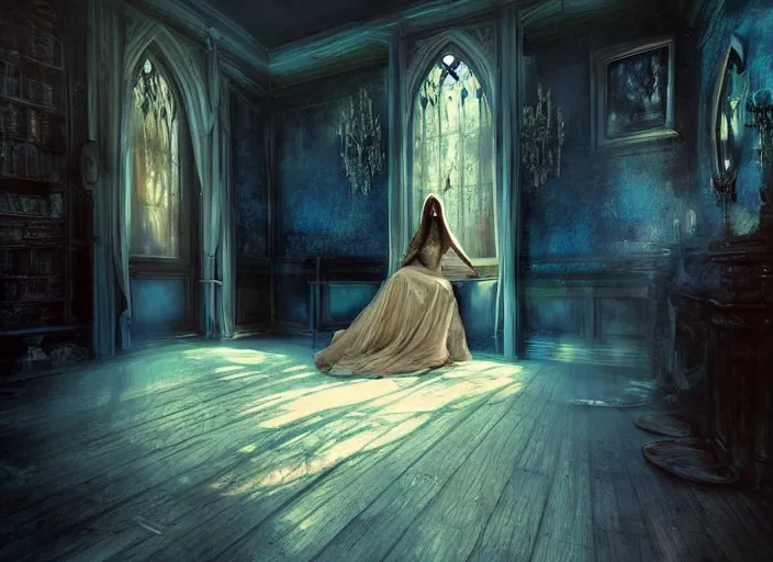 Prompt: gothic mansion room, woman in dress, wooden floor, elegant, digital artwork, paint, blue tones, detailed, by bastien lecouffe deharme, by jeremy mann, by alexander fedosav