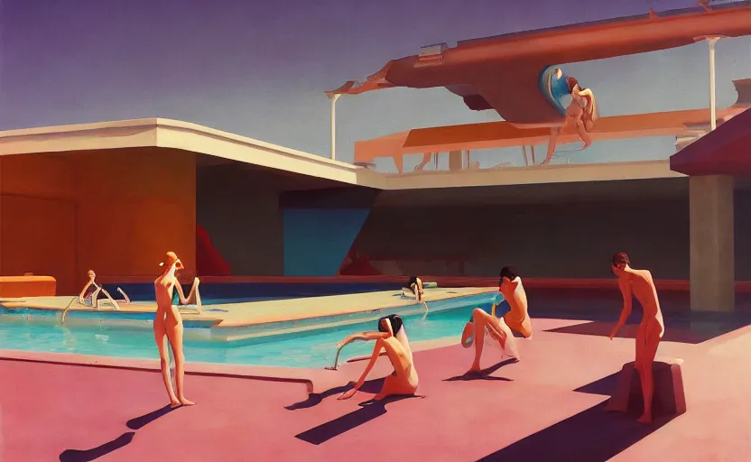 Prompt: Inside a big futuristic pool and ladies in bikini, very coherent, painted by Edward Hopper, Wayne Barlowe, painted by James Gilleard, airbrush, art by JamesJean