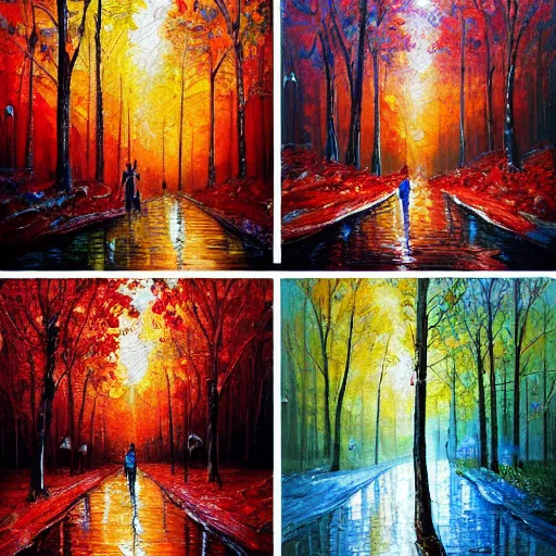 Image similar to painting depicting all four season in one painting, summer, winter, spring, autumn, concept art, artstation, detailed, impressionism, oil on canvas, knife painting, messy,