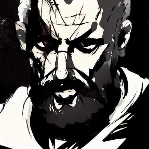 Prompt: balding bearded middle aged man in the style of yoji shinkawa