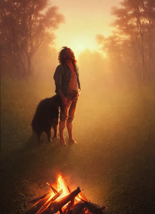 Image similar to highly detailed portrait of long - haired hillbilly around a bonfire with his fluffy australian shepherd, blonde hair, stephen bliss, art by greg rutkowski, loish, rhads, ferdinand knab, makoto shinkai and lois van baarle, artgerm, pixar, ilya kuvshinov, rossdraws, tom bagshaw, global illumination