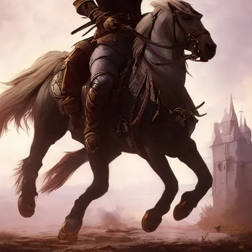 Image similar to geralt the witcher 3 riding a horse meeting with samuel l jackson d & d fantasy intricate elegant highly detailed digital painting artstation concept art matte sharp focus illustration hearthstone art by artgerm art by greg rutkowski art by alphonse mucha