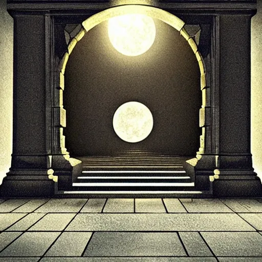 Prompt: dark etherial gate portal to a different dark world, midnight, quiet and serene, high detail, mystery, dramatic