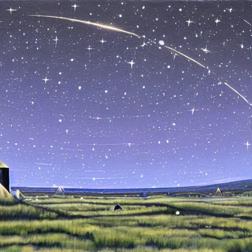 Prompt: wide expanse of a massive meteor shower at the end of time, science fiction painting