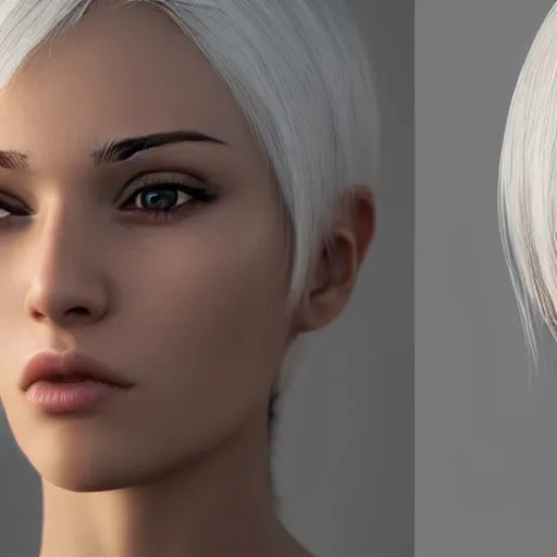 Image similar to Beautiful woman, straight hairstyle, white eyes, white hair, realistic render, short hair, unreal engine render, Icaro Carvalho