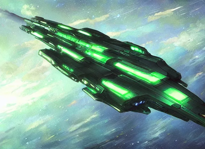 Prompt: A Gallente battlecruiser spaceship made of green reflective metal from Eve-online, gorgeous, beautiful, sci-fi, extremely detailed, digital painting, artstation, concept art, smooth, sharp focus, illustration, intimidating lighting, incredible art by artgerm and greg rutkowski and alphonse mucha and simon stalenhag