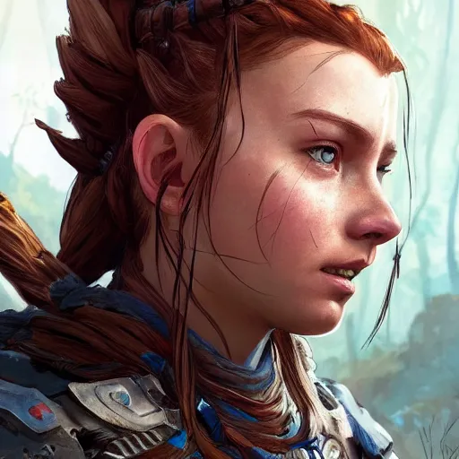 Prompt: highly detailed full-body character art of sad Aloy from Horizon: Zero Dawn, sad face, videogame cover art, highly detailed, digital painting, artstation, concept art, smooth, detailed armor, sharp focus, beautiful face, illustration, art by Artgerm and greg rutkowski and alphonse mucha