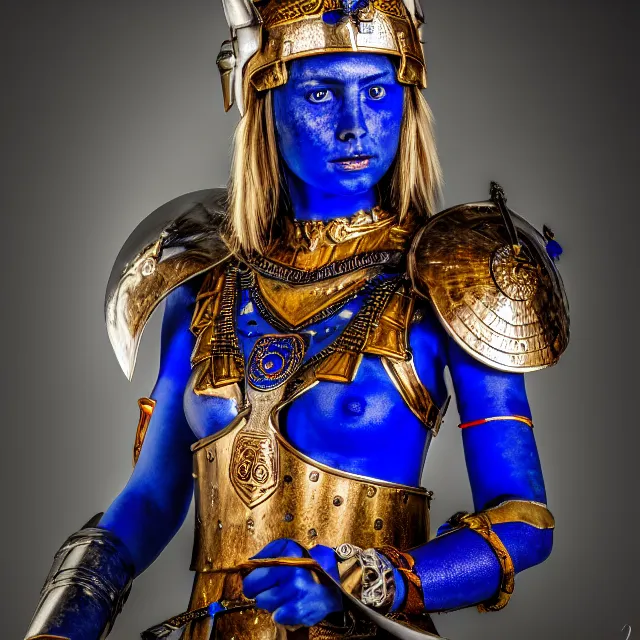 Image similar to photo of a beautiful warrior queen with lapis lazuli armour, highly detailed, 8 k, hdr, smooth, sharp focus, high resolution, award - winning photo