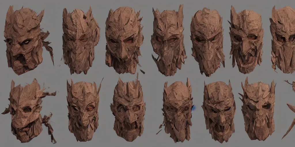 Image similar to wooden mask design, character sheet, Greg Rutkowski, Zabrocki, Karlkka, Jayison Devadas, Phuoc Quan, trending on Artstation, 8K, ultra wide angle, zenith view, pincushion lens effect