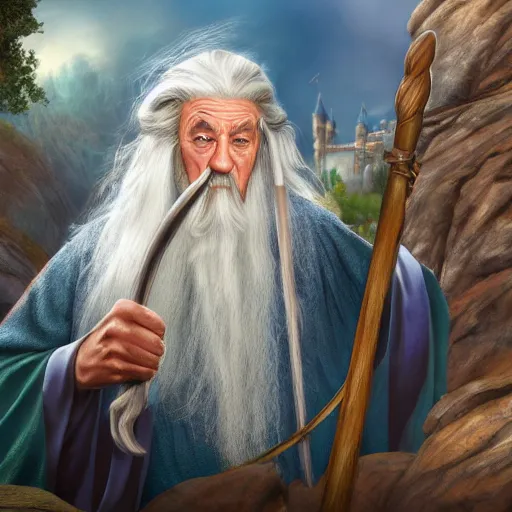 Image similar to gandalf visiting disneyland, highly detailed, digital art,