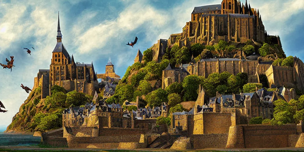 Prompt: landscape of Mont Saint-Michel under attack by dragons, highly detailed digital art