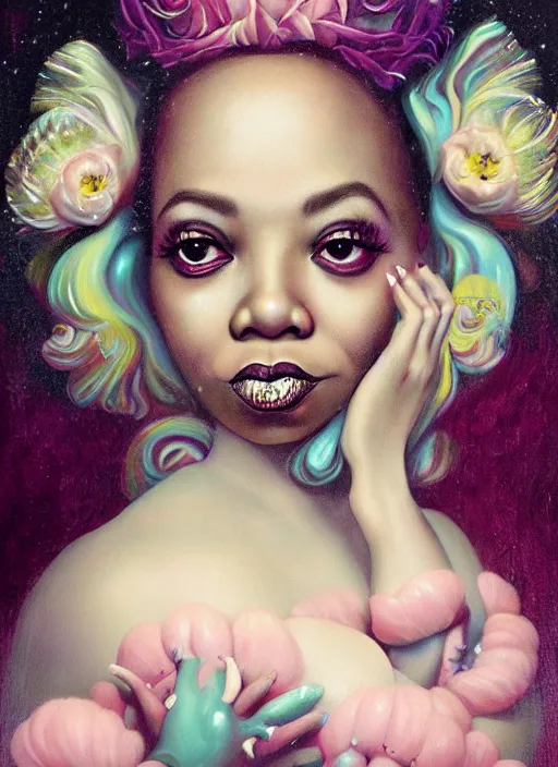 Image similar to pop surrealism, lowbrow art, realistic cute oprah winfrey painting, japanese street fashion, hyper realism, muted colours, rococo, natalie shau, loreta lux, tom bagshaw, mark ryden, trevor brown style,