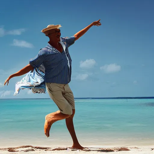 Image similar to artistic representation of a happy man dancing alone in aruba on the beach