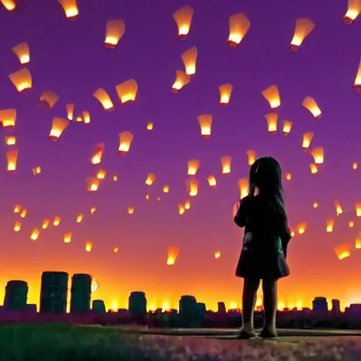 Image similar to a little girl watching hundreds of chinese sky lanterns flying in the night sky over a sci-fi city, Pixar style