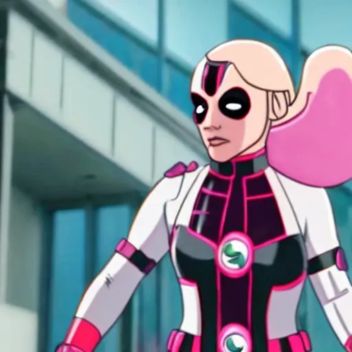 Image similar to A still of Gwenpool in Deadpool 3 (2023), no mask, blonde hair with pink highlights