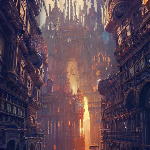 Prompt: a beauitful painting of a gilded gothic city made of bismuth and intricately detailed 3D mandelbulb motherboard brilliantly colored, reflective, panorama detailed matte painting by Henriette Grinda and Sparth and Jeff Simpson and beeple and Andy Grey, unreal engine, trending on behance, featured on artstation