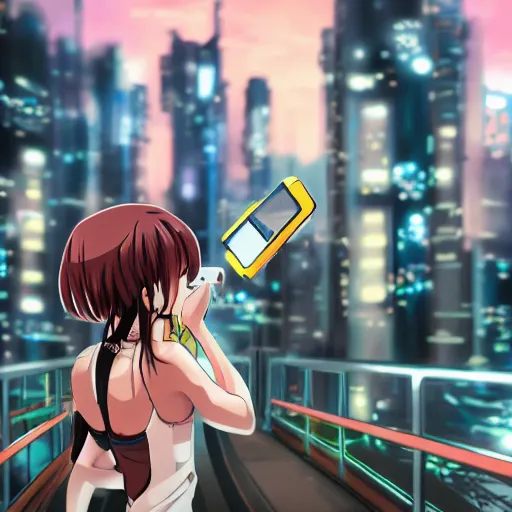 Image similar to anime girl taking a selfie in a futuristic city, extremely detailed, anime,