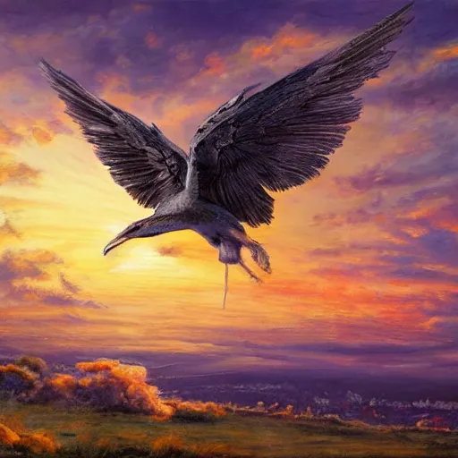 Image similar to a pancake with wings, flapping its wings flying in sunset sky, oil on canvas, portrait, intricate, 8k highly professionally detailed, HDR, CGsociety