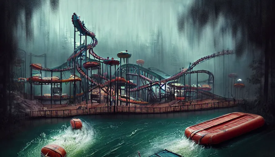 Image similar to michal karcz grunge painting of an amusement park, monster and horror theme. Monster-themed Grizzly River Run. A raft is spinning very fast. A detailed, elegant, intricate, 4k,