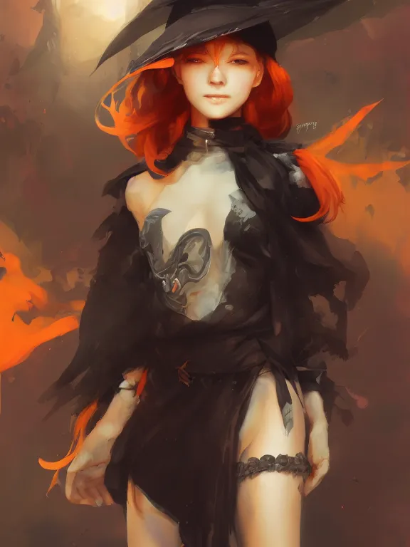 Image similar to Portrait of a cute mischievous young witch about to get up to some trouble. Black and Orange palette. By Ruan Jia and Artgerm and Range Murata and WLOP and CLAMP. Key Art. Fantasy Illustration. award winning, Artstation, intricate details, realistic, Hyperdetailed, 8k resolution.