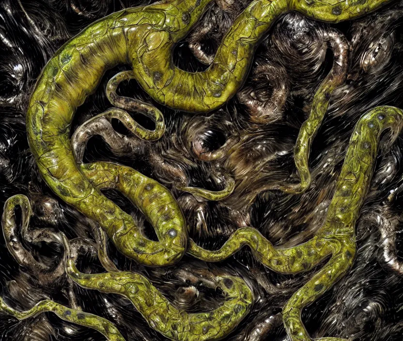 Image similar to a high resolution photo of a complex slimey creature nature forest, grown together various animal eyes, computer veins wrinkles, cracked plastic wrap, gills morph scales merged in fur skin, wrinkled muscles skin, veins merged feet head, displacement, black hole, distorted animal head face eyes arms tail