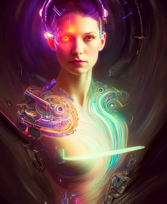 Image similar to a whirlwind of souls rushing inside the metaverse, hologram, half body, neurochip, shaved temple, piercing, jewelry, android, cyborg, cyberpunk face, by loish, d & d, fantasy, intricate, elegant, highly detailed, colorful, digital painting, artstation, concept art, art by artgerm and greg rutkowski and alphonse mucha