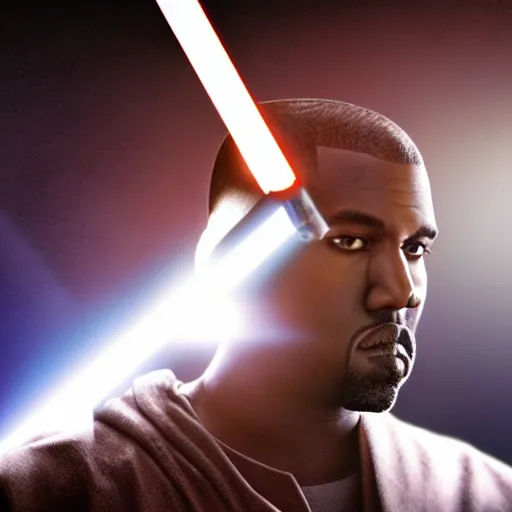 Image similar to Portrait of Kanye West as a jedi in Star Wars, holding lightsabre. splash art, cinematic lighting, dramatic, octane render, long lens, shallow depth of field, bokeh, anamorphic lens flare, 8k, hyper detailed, 35mm film grain