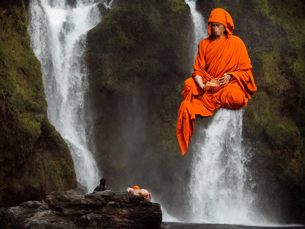 Image similar to dang ngo, annie leibovitz, steve mccurry, a simply breathtaking shot of mediating monk in orange, giantic waterfall, bright moonlight, golden ratio, wide shot, symmetrical