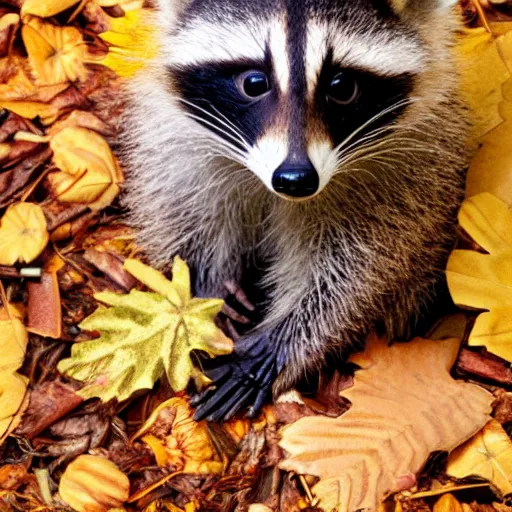 Prompt: cute baby raccoon sitting in pile of fall leaves detailed painting 4 k