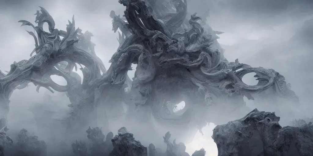 Prompt: white bird skulls, ram skulls, grand imposing powerful sculpture. swirls of mist. occult photorealism, uhd, amazing depth, volumetric lighting, cinematic lighting. epic landscape.