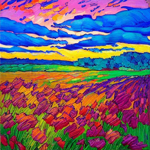 Prompt: a painting of a sunset over a field of flowers, an oil painting by erin hanson, deviantart, american impressionism, rich color palette, impressionism, fauvism