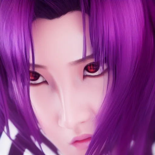 Image similar to Close up portrait of a young Asian Cyberpunk woman with dark purple hair, 3d render, Unreal Engine, octane render, ray tracing, Unity, highly detailed, high quality, HD, 4k, 8k, realistic, sharp, trending