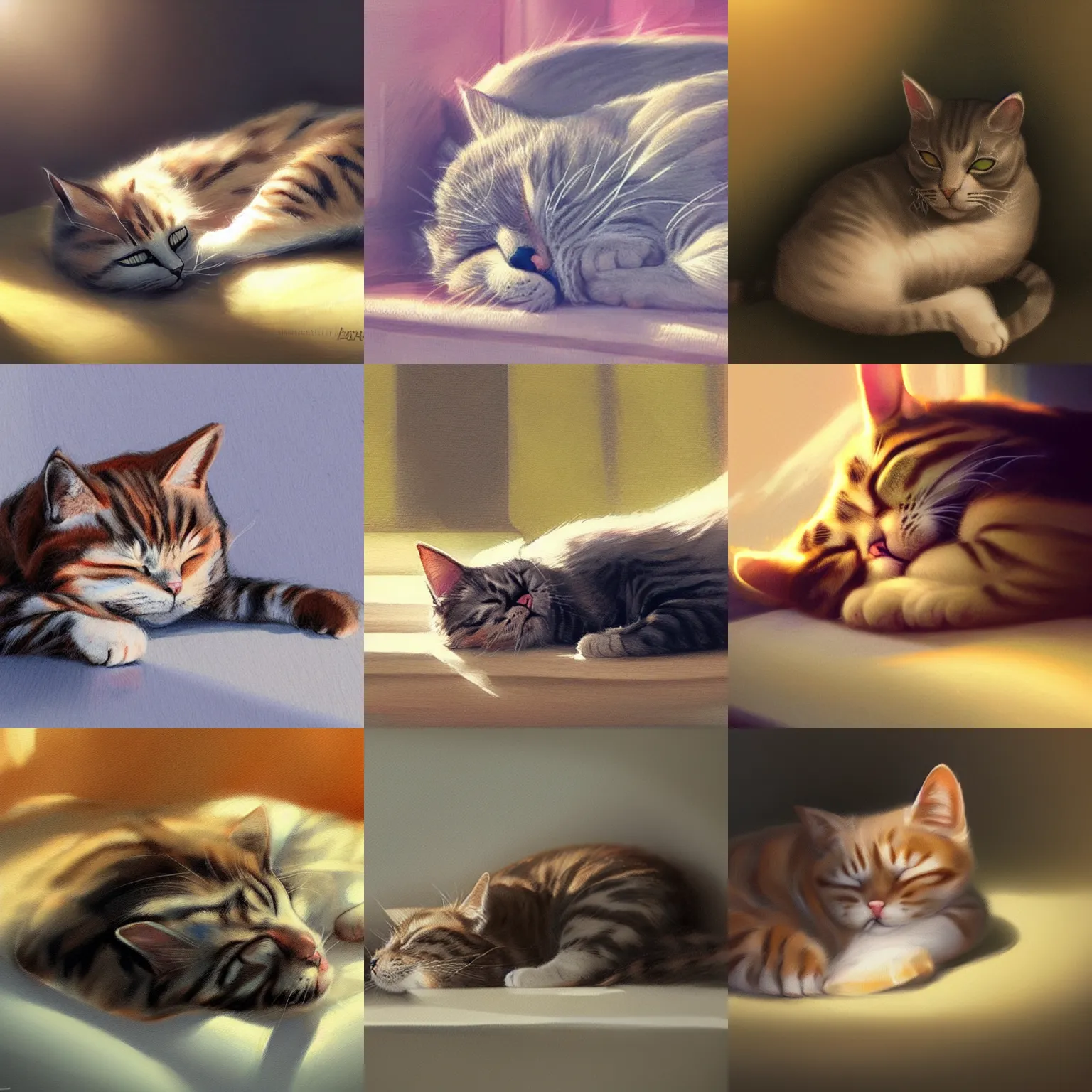 Prompt: a cat sleeping in a sunbeam, lazy and content, artstation, high quality