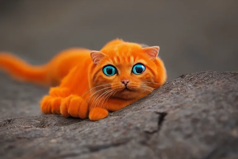 Prompt: orange cat caterpillar, big eyes, big ears, long body, kodak photo, muted colors, depth of field