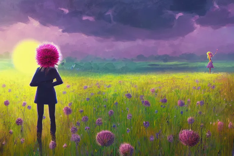 Image similar to giant thistle flower under head, a girl in a suit in field of flowers, surreal photography, sunrise, blue sky, dramatic light, impressionist painting, digital painting, artstation, simon stalenhag