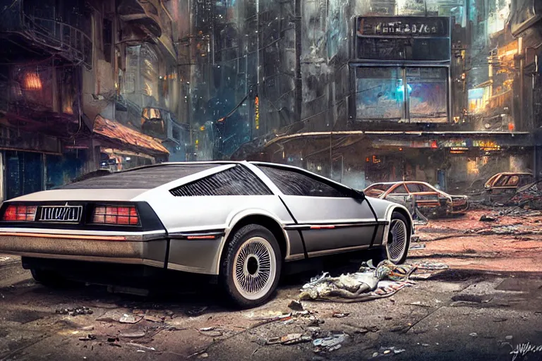 Prompt: highly detailed photograph of a delorean parked on the streets of a cyberpunk abandoned city, doors are open, by greg rutkowski and stanley artgerm and alphonse mucha, octane, sharp focus, hyperrealistic, masterpiece