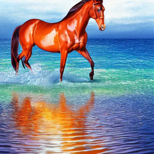 Image similar to horse swimming in the ocean with fork and knife, photorealistic, high detail