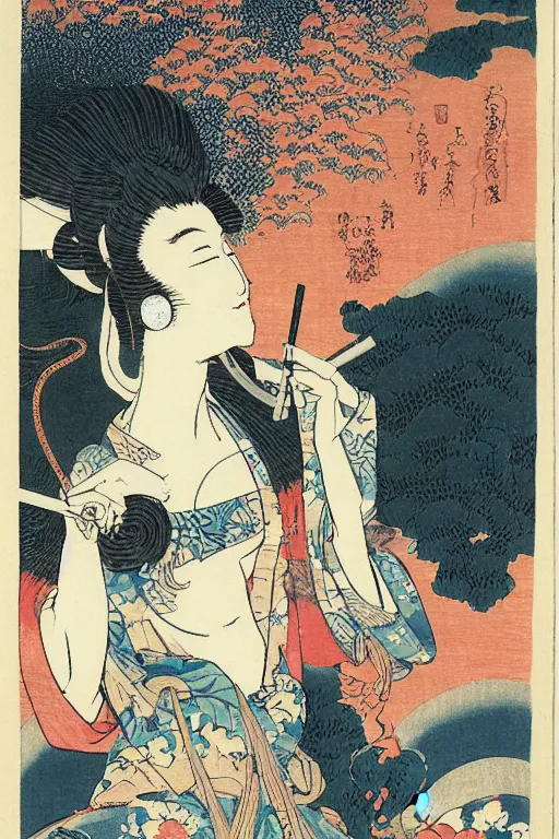 Image similar to a goddess with headphones and smoking a cigarette, in a silent disco rave, by katsushika hokusai, by ralph steadman, storybook illustration, cool color palette, in a symbolic and meaningful style, single figure