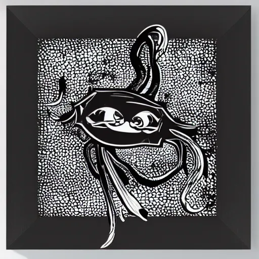 Image similar to very angry squid, 🦑 design in square frame, black and white, mad cuttlefish