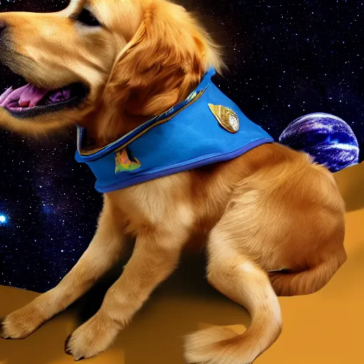 Image similar to a golden retriever in space wearing cape, 4k