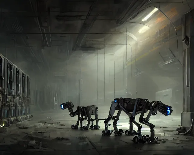 Image similar to spot boston dynamics in gloomy ruined server room in datacenter painting concept art of robodog colossus, sharp focus, emitting diodes, smoke, artillery, pacing, computers, racks, motherboard, by pascal blanche rutkowski artstation detailed matte painting, 4 k resolution