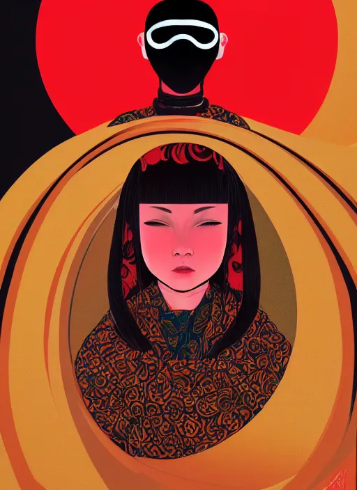 Image similar to portrait of a woman with a mask on his face in the form of a spiral in a golden kimono, full face, against the background of a bright red moon, sad motif, by ilya kuvshinov, dramatic, soft colors, futuristic, 8 k