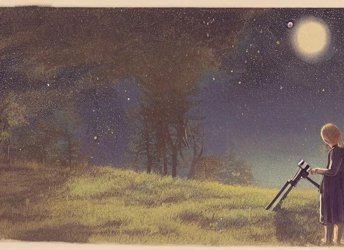 Prompt: girl on the front lawn looking into a telescope up at the stars, night time, forest in the distant background by Greg Rutkowski,